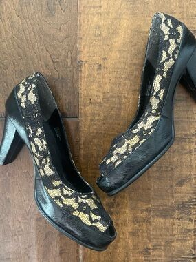 A2 by Aerosoles vintage Y2K style cocktail black lace peep-toe high heel pumps